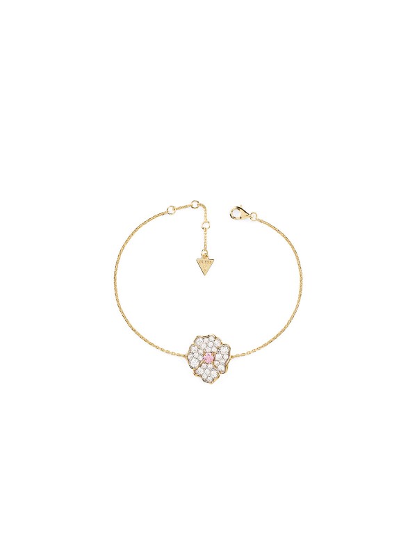 Ženska srebrna narukvica Frosted Petal od srebra 925 sa 18ct zlatnom prevlakom, cvetom od cirkona i roze kristalom u centru. Elegantna Guess narukvica nežnog dizajna.