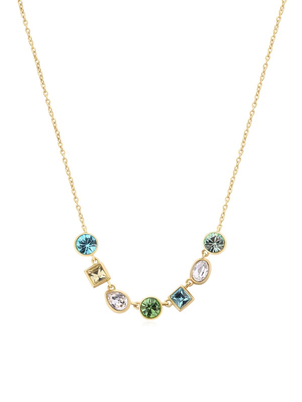 Brosway Symphonia ženska ogrlica u boji žutog zlata sa raznobojnim cirkonima u plavim, zelenim, žutim i belim tonovima. Elegantna i upečatljiva za svaki dan.