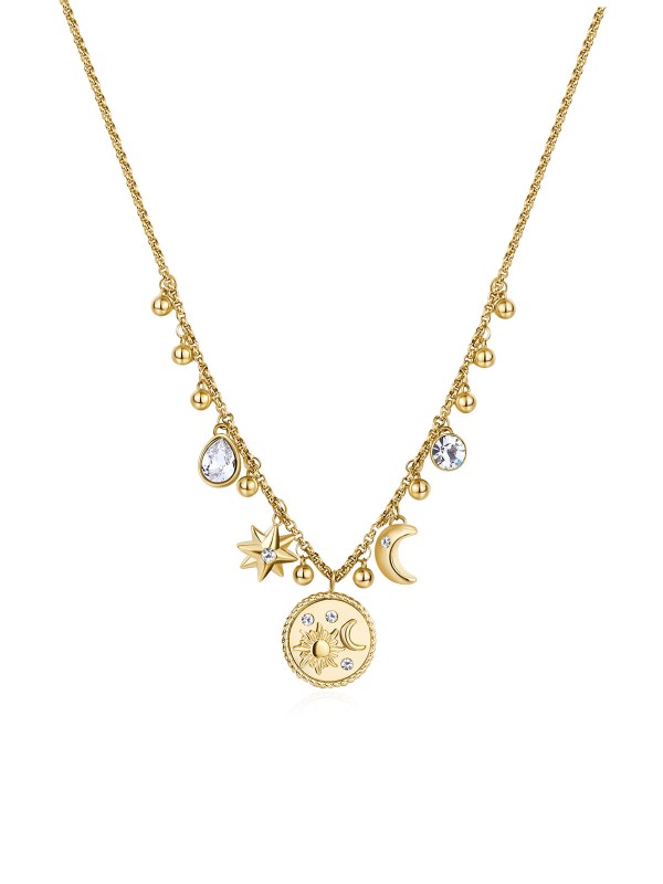 Brosway Chakra ženska ogrlica u boji žutog zlata sa visećim privescima – polumesec, zvezda, sunce, kuglice i cirkoni. Savršen izbor za svakodnevno nošenje i posebne prilike.