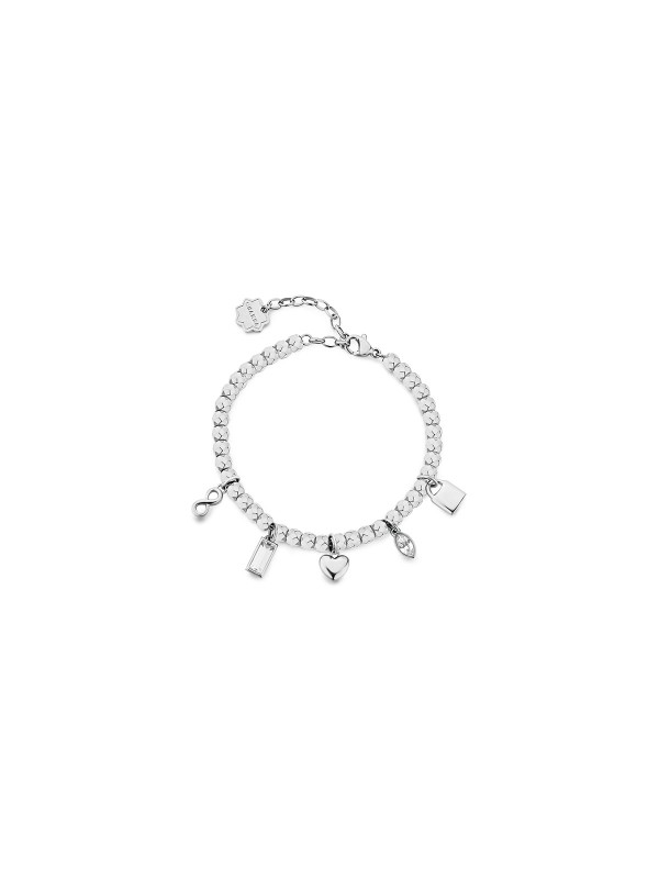 Brosway Chakra ženska narukvica u boji srebra sa simbolima ljubavi – srce, znak beskonačnosti, katanac i cirkoni. Savršen izbor za svakodnevno nošenje i poseban poklon.