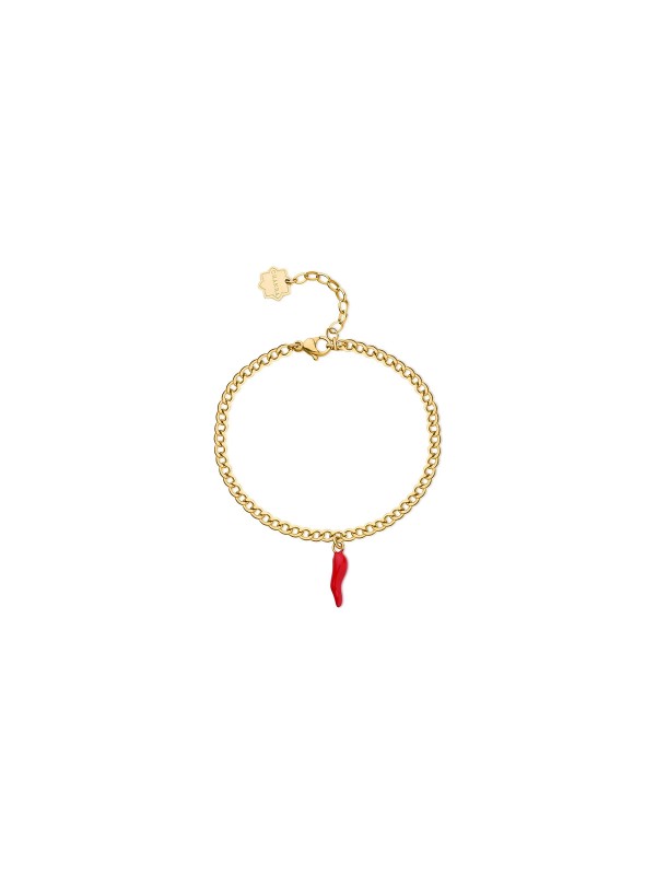 Brosway Chakra ženska narukvica u boji žutog zlata sa priveskom srećnog roga od crvenog emajla. Simboličan i moderan detalj za svaki dan.