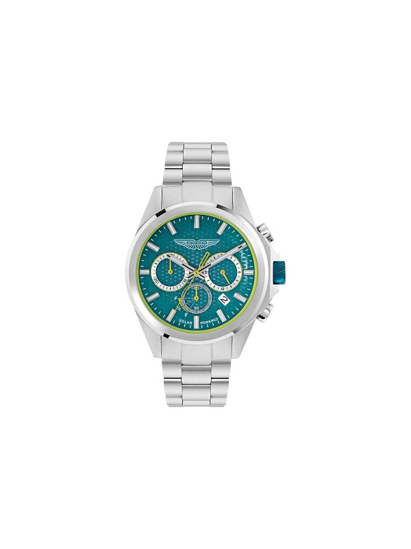 Aston Martin muški sportski sat sa solarnim hronografom i zelenim brojčanikom sa žutim detaljima. Kućište 44 mm i elegantan sportski dizajn. Naruči online!