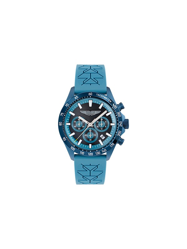 Aston Martin muški hronograf sa plavim kućištem od 44 mm i silikonskom narukvicom. Safirno staklo i vodootpornost do 100 m. Naruči online!