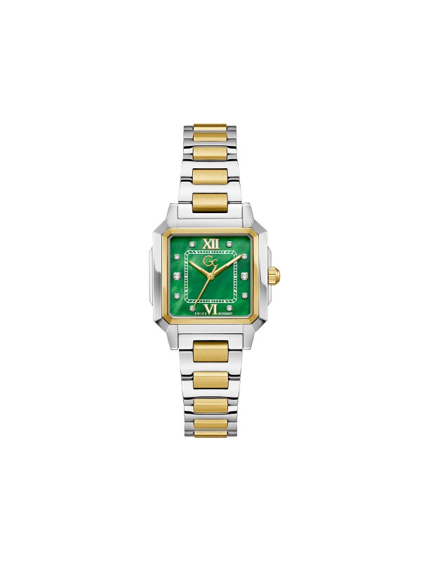 Gc Square Cut Lady ženski sat sa zelenim brojčanikom i kućištem u kombinaciji srebra i žutog zlata. Švajcarski mehanizam i elegantan dizajn. Naruči online!