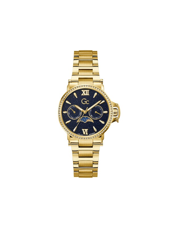 Gc Moon Chic ženski sat sa teget brojčanikom i funkcijom mesečevih mena. Kućište u boji žutog zlata sa cirkonima i švajcarski mehanizam. Naruči online!