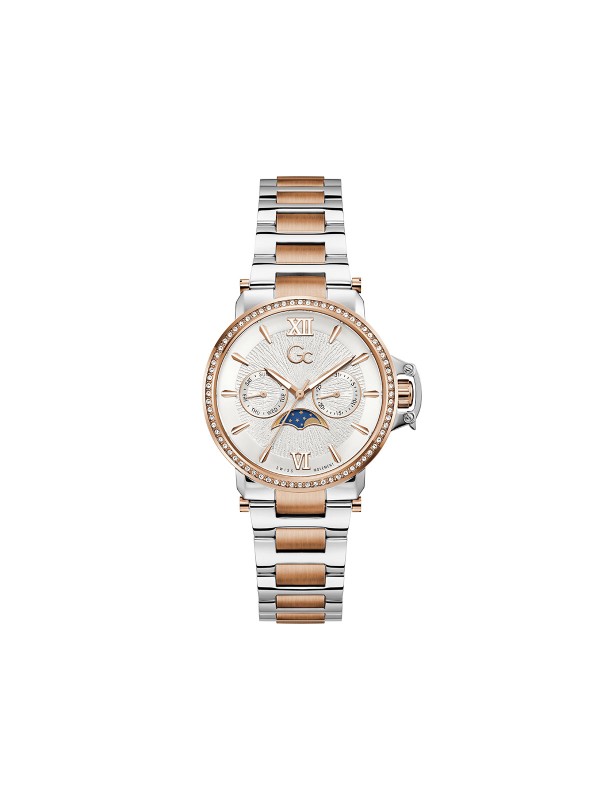 Gc Moon Chic ženski sat sa funkcijom mesečevih mena i kućištem u kombinaciji srebra i roze zlata sa cirkonima. Safirno staklo i elegantan dizajn. Naruči online!