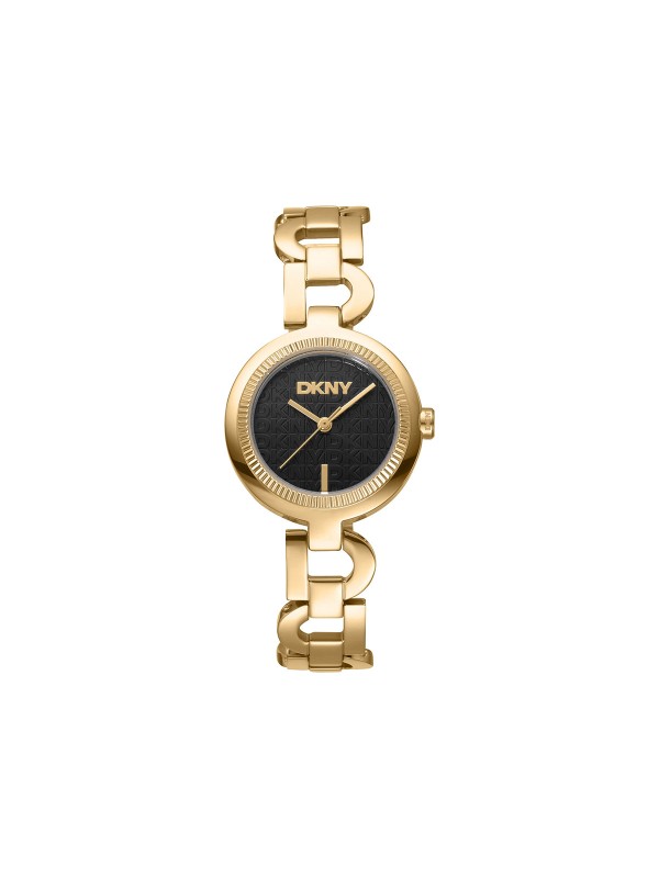 DKNY ženski analogni sat u boji žutog zlata sa crnim brojčanikom i DKNY logom. Elegantan i minimalistički dizajn. Naruči online!