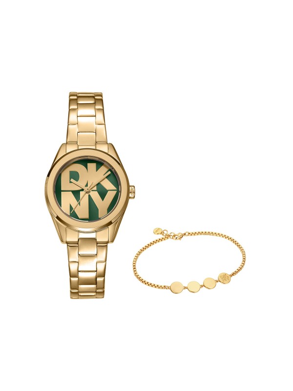 DKNY ženski box set sa satom zelenog brojčanika i narukvicom u boji žutog zlata. Moderan i elegantan komplet. Naruči online!