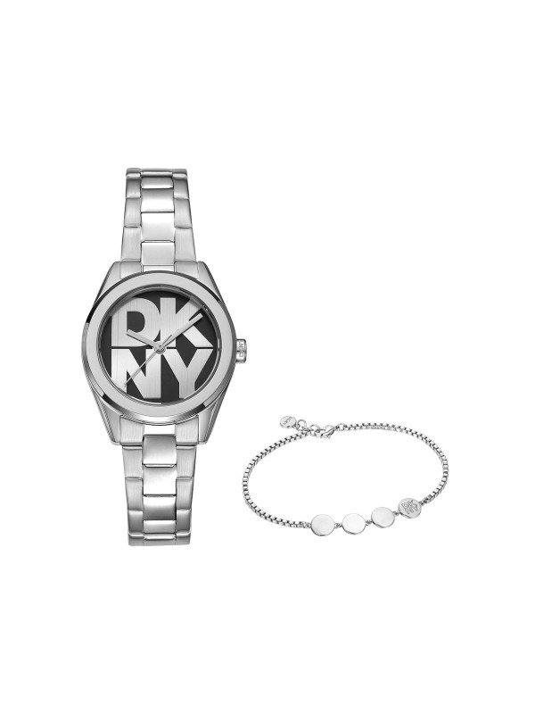 DKNY ženski box set sa satom crnog brojčanika i srebrnom narukvicom. Elegantan i usklađen komplet sa nakitom. Naruči online!