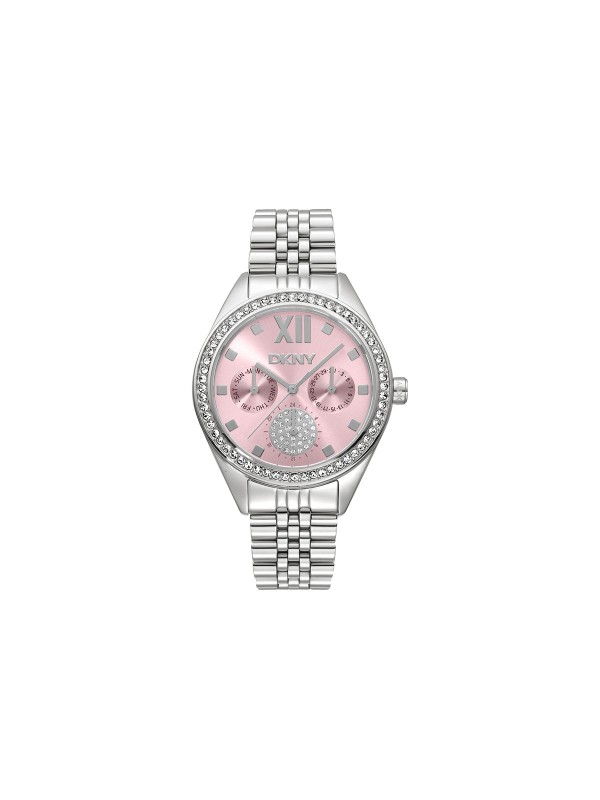 DKNY ženski multifunction sat sa roze brojčanikom i cirkonima. Srebrno kućište, kvarcni mehanizam i vodootpornost do 50 m. Naruči online!
