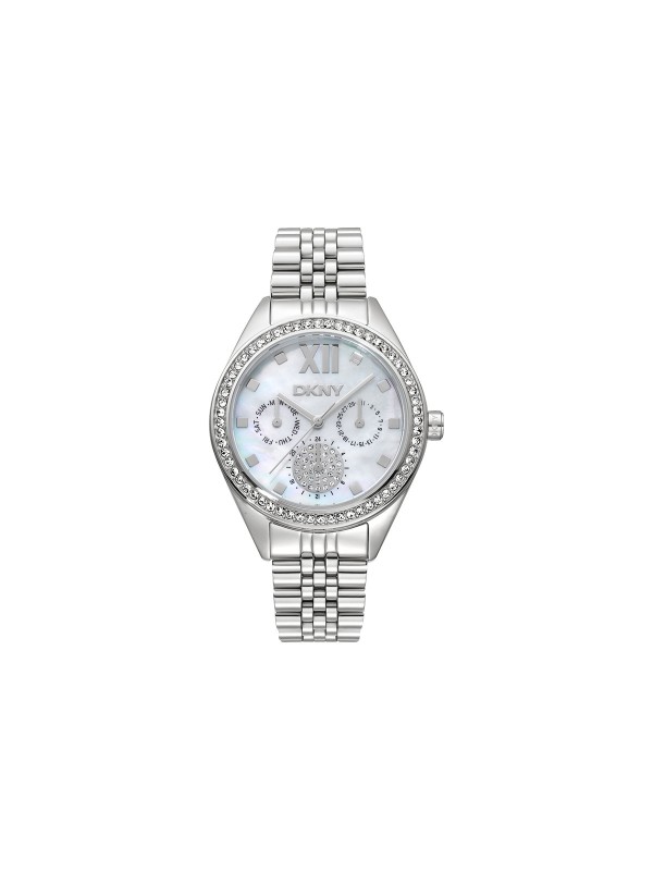 DKNY ženski multifunction sat od 36 mm sa belim safirnim brojčanikom i cirkonima. Srebrna boja i sofisticiran izgled. Naruči online!