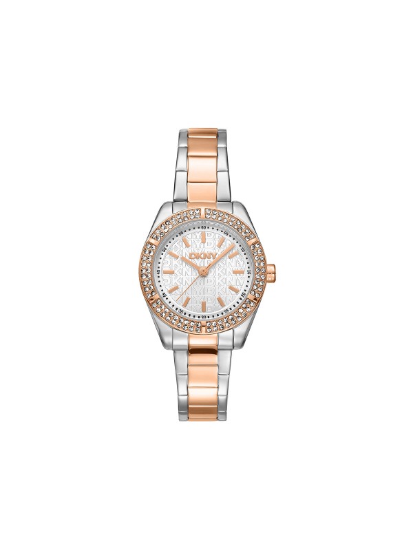 DKNY ženski analogni sat u kombinaciji srebra i roze zlata sa cirkonima. Mineralno staklo i elegantan izgled. Naruči online!