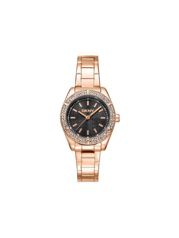 DKNY ženski analogni sat u boji roze zlata sa cirkonima. Mineralno staklo i vodootpornost do 50 m. Naruči online!
