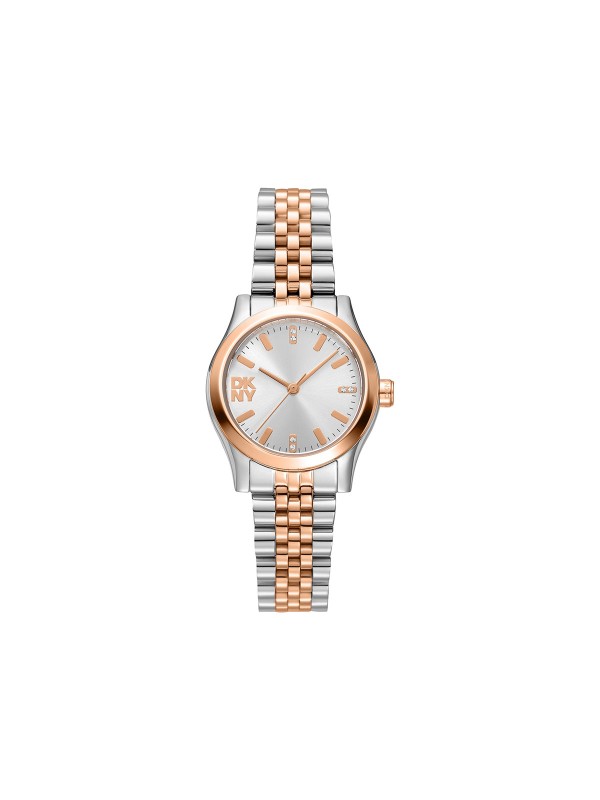DKNY ženski sat od 28 mm u kombinaciji srebra i roze zlata sa cirkonima. Moderan i elegantan dizajn. Naruči online!