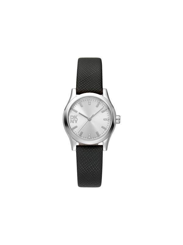 DKNY ženski analogni sat sa crnom kožnom narukvicom i srebrnim kućištem. Elegantan i sofisticiran izgled. Naruči online!