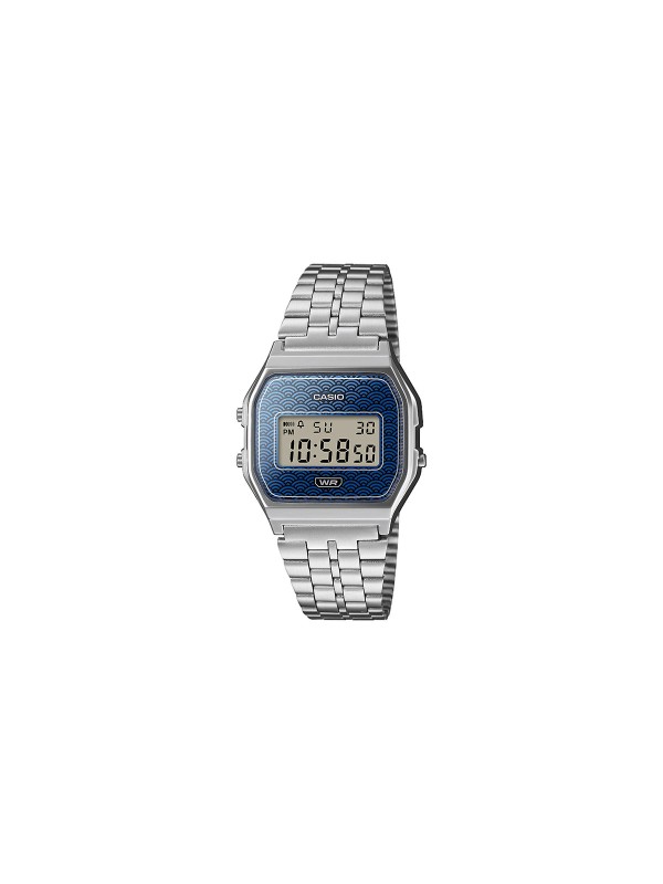 Casio Vintage digitalni sat sa plavim brojčanikom i japanskim seigaiha uzorkom. LED osvetljenje, alarm i štoperica. Poruči online!