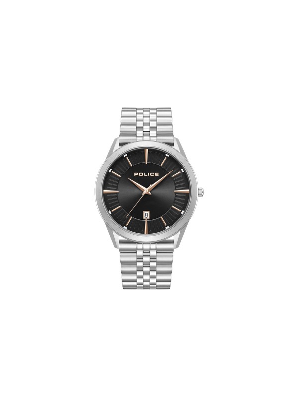 Police Patriot muški sat sa crnim brojčanikom i detaljima u roze zlatu. Nerđajući čelik i vodootpornost 50 m za moderan svakodnevni stil.