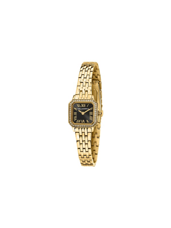 Ženski Karl Lagerfeld Icon Square sat u boji žutog zlata sa crnim sunray brojčanikom i cirkonima. Kvadratni dizajn i elegantna mini veličina. Naruči online!