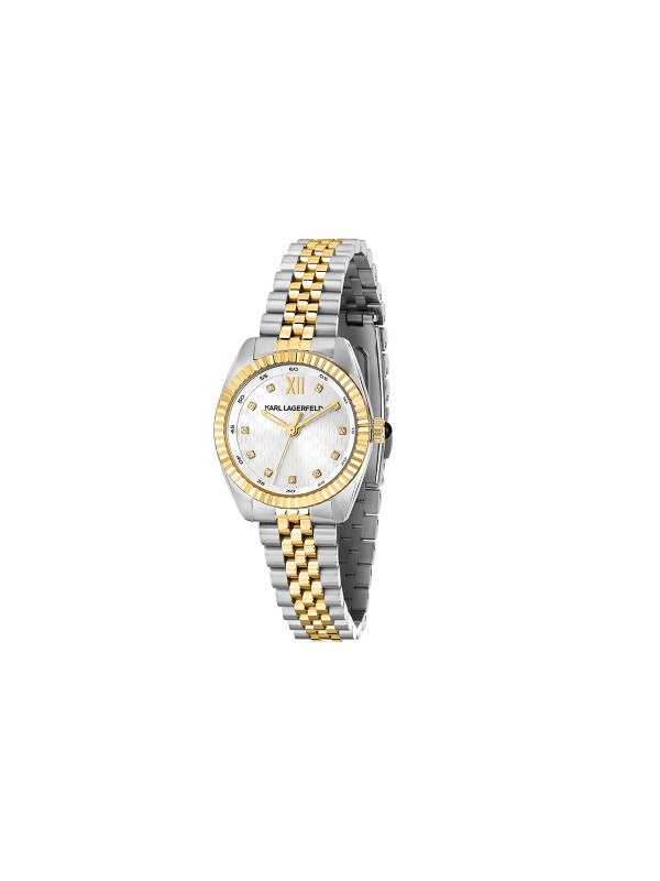 Ženski Karl Lagerfeld Timeless Code sat u dve boje sa srebrnim brojčanikom i cirkonima. Moderan i elegantan dizajn. Naruči online!
