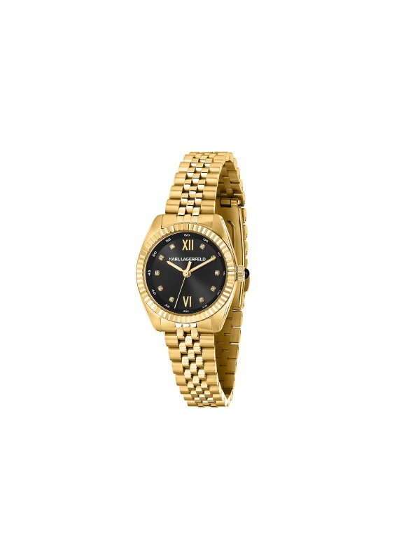 Ženski Karl Lagerfeld Timeless Code sat sa crnim brojčanikom i cirkonima. Kućište u boji žutog zlata i elegantan dizajn. Naruči online!