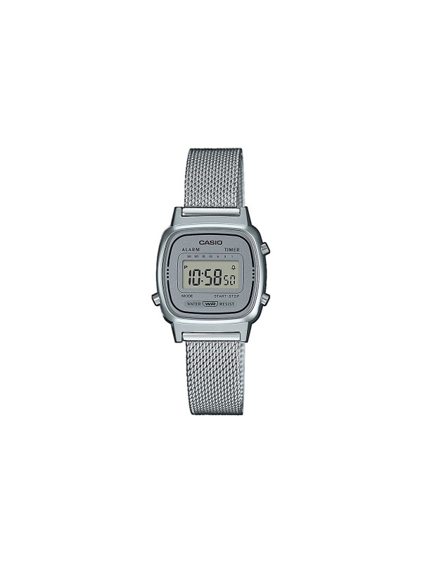 Elegantan CASIO Vintage LA670WEM-7EF ženski sat mini dimenzija. Srebrni ton sa mesh narukvicom, 7 predefinisanih tajmera i retro digitalnim stilom.