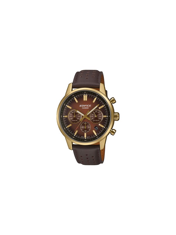 CASIO Edifice EFR-575CL-5AEF muški hronograf. Čelično kućište od 40,5mm u zlatnom tonu sa braon kožnom narukvicom i gradiranim brojčanikom. Vodootporan do 100m.