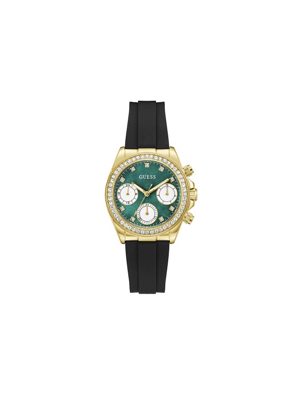 GUESS Victoria ženski sat od 36mm u zlatnom tonu sa cirkonima i zelenoplavim sedefom. Crna silikonska narukvica i vodootpornost 50m. Spoj luksuza i udobnosti.