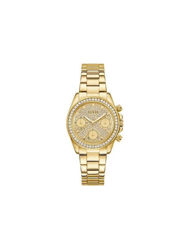 Blistavi GUESS Victoria ženski sat od 36mm u zlatnom tonu. Brojčanik i korona su prekriveni cirkonima za maksimalan sjaj. Multifunkcionalan i vodootporan do 50m.
