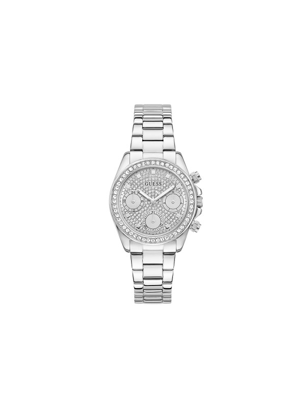 Blistavi GUESS Victoria ženski sat od 36mm u srebrnom tonu. Brojčanik i korona prekriveni cirkonima za maksimalan sjaj. Multifunkcionalan i vodootporan do 50m.