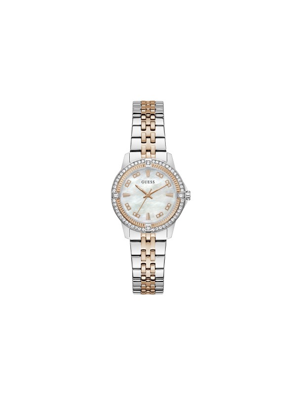 Elegantan GUESS Colette ženski sat. Two-tone dizajn (srebro/roze zlato) od 32mm sa cirkonima i belim sedefastim brojčanikom. Vodootporan do 30m.
