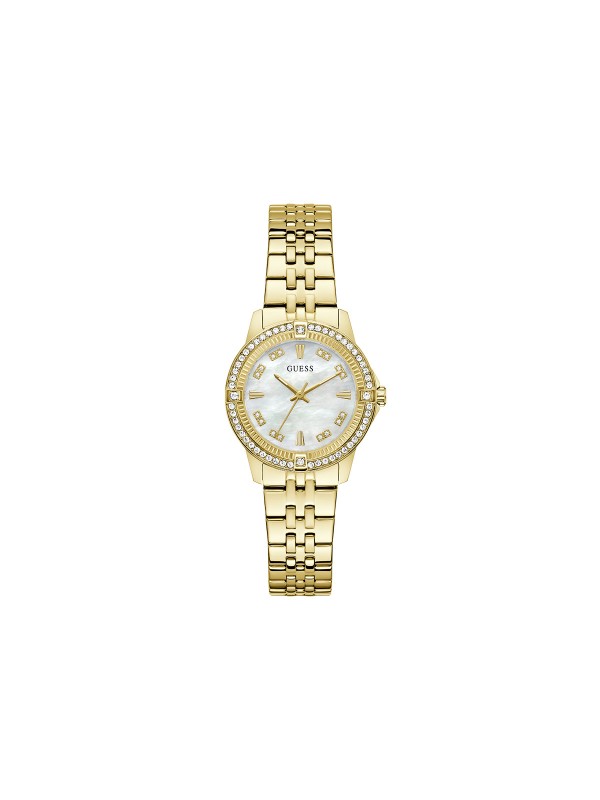 Elegantan GUESS Colette ženski sat. Kućište od 32mm u zlatnom tonu ukrašeno cirkonima sa prelepim brojčanikom od belog sedefa. Vodootporan do 30m.