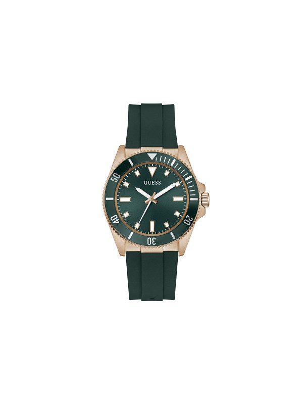 GUESS Cliff GW0969G5 muški sportski sat. Kućište u boji roze zlata od 43mm sa zelenom koronom i zelenom silikonskom narukvicom. Vodootporan do 50m.