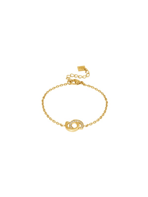 Profinjena CERRUTI 1881 Marina ženska narukvica u zlatnom tonu sa prepoznatljivim duplim "C" logotipom i cirkonima. Podesiva dužina 17+3,5cm od čelika.