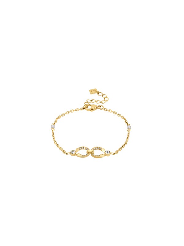 Elegantna CERRUTI 1881 Celeste ženska narukvica u zlatnom tonu sa logotipom C, cirkonima i biserom. Podesiva dužina 17+3,5cm od nerđajućeg čelika.
