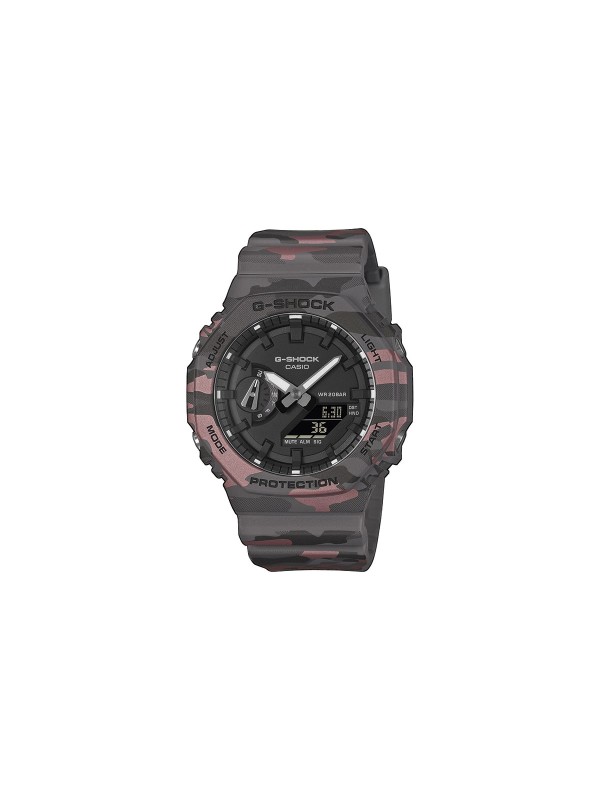 G-SHOCK GA-2100CM-8AER CasiOak u kamuflažnom printu crno/sivo/crveno. Analogno-digitalni muški sat, vodootpornost 200m. Dostupan u Timer radnjama i online.
