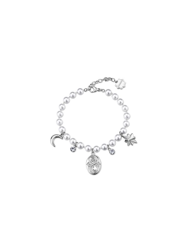 Ženska narukvica od nerđajućeg čelika u boji srebra sa bisernim detaljima. Elegantna i simbolična narukvica za svaku priliku. Kupite odmah online!