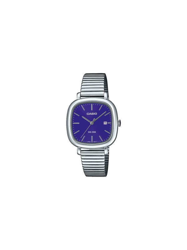 Ženski analogni sat Casio sa kućištem i narukvicom od nerđajućeg čelika. Elegantnog dizajna sa teget brojčanikom i prikazom datuma. Kupite odmah!