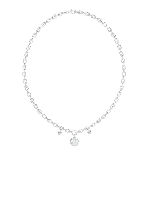 Guess ženska ogrlica od nerđajućeg čelika u boji srebra sa privescima srca i sedefom. Elegantna i podesiva. Poručite online!