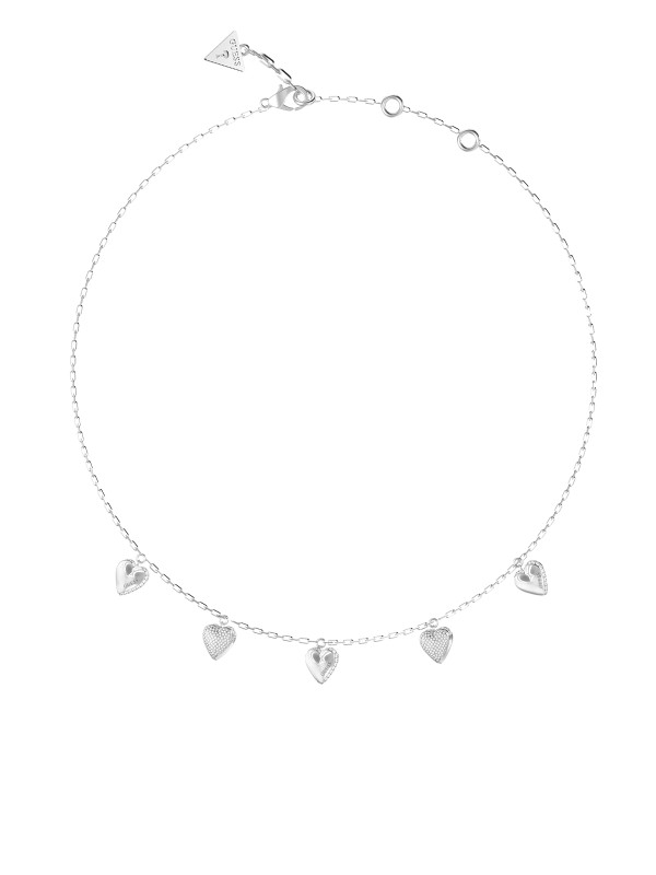 Guess ženska ogrlica od nerđajućeg čelika u boji srebra sa visećim srcima. Elegantna i podesiva. Poručite online i osvežite svoj stil!