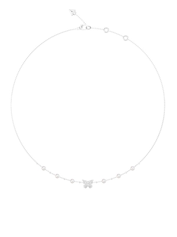 Ženska ogrlica od nerđajućeg čelika u boji srebra sa bisernim perlama i leptir detaljem sa cirkonima. Elegantna i podesiva. Poručite online odmah!
