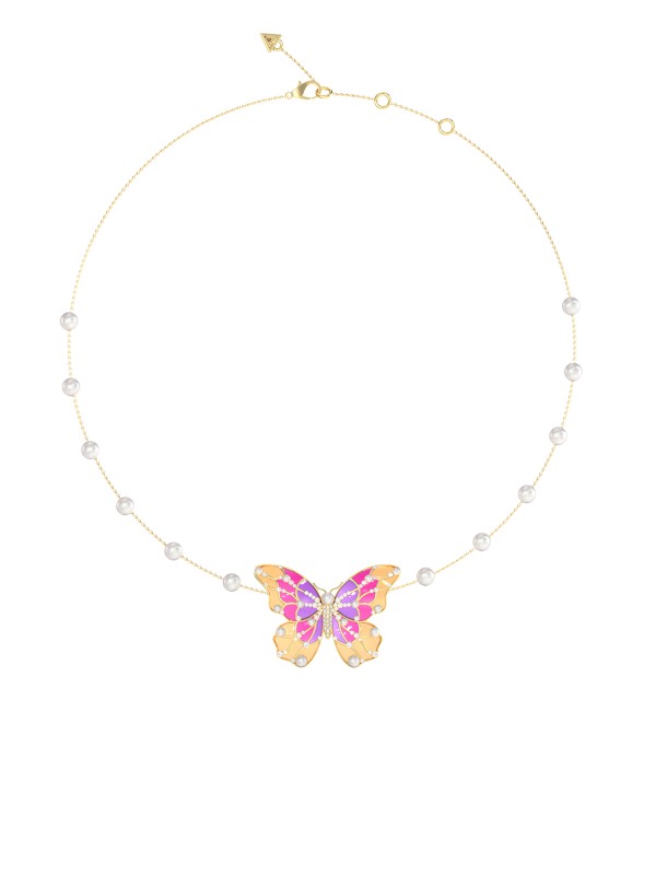Guess ženska ogrlica od nerđajućeg čelika u boji žutog zlata sa bisernim perlama i leptir detaljem. Elegantna i podesiva. Kupite odmah online!