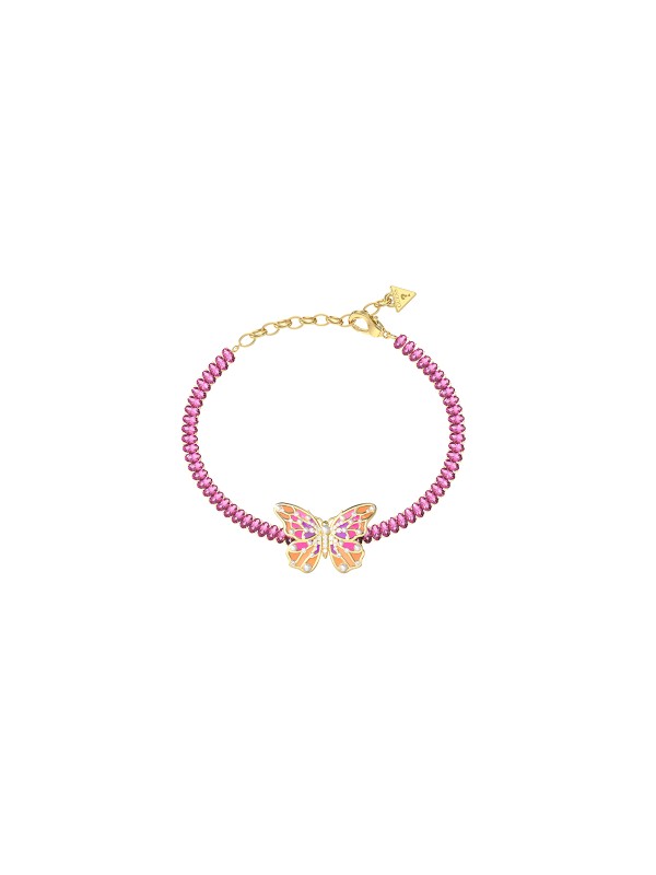 Guess ženska narukvica od nerđajućeg čelika u boji žutog zlata sa pink cirkonima. Elegantna i podesiva, savršena za svaki dan. Kupite odmah!