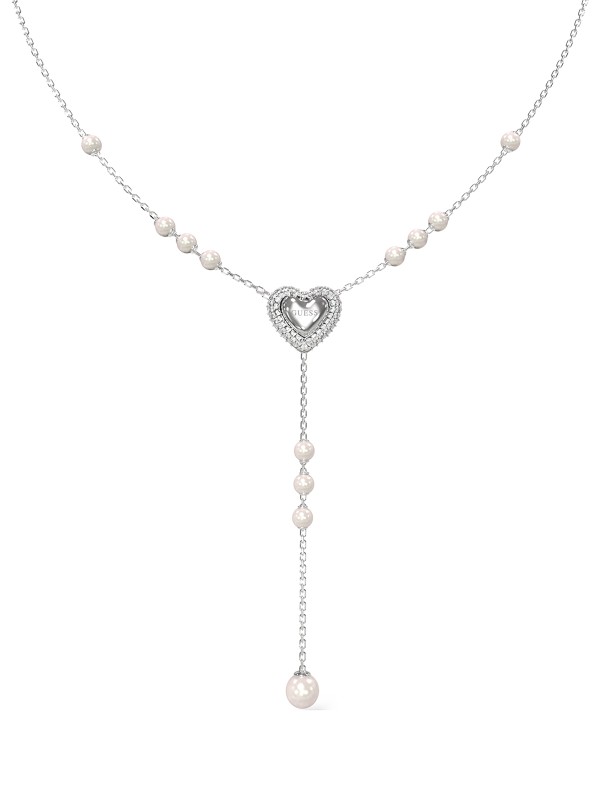 Ženska ogrlica od nerđajućeg čelika u boji srebra sa bisernim perlama i srcem ukrašenim cirkonima. Elegantna i podesiva. Kupite odmah online!