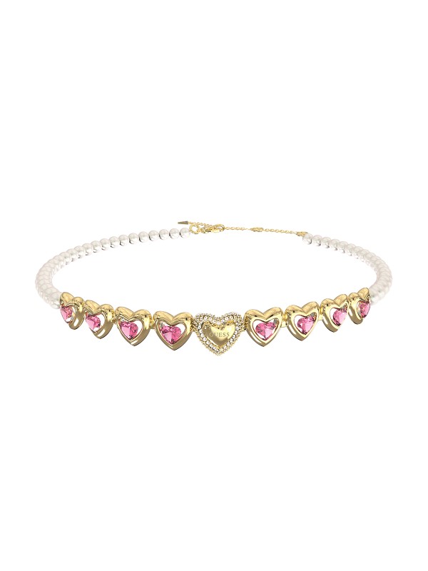 Ženska ogrlica od nerđajućeg čelika u boji žutog zlata sa belim bisernim perlama i pink cirkonima. Elegantna i moderna. Kupite odmah online!