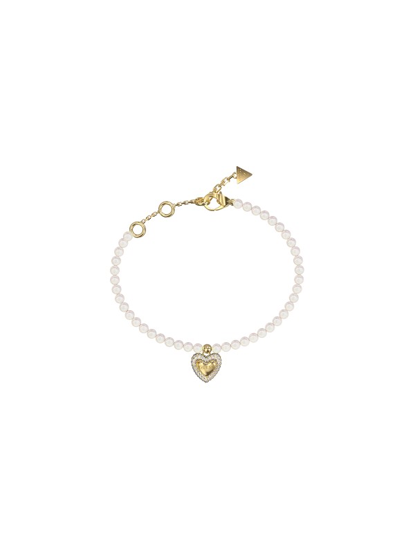 Ženska narukvica od nerđajućeg čelika u boji žutog zlata sa bisernim perlama i srcem sa cirkonima. Elegantna i podesiva. Kupite odmah online!