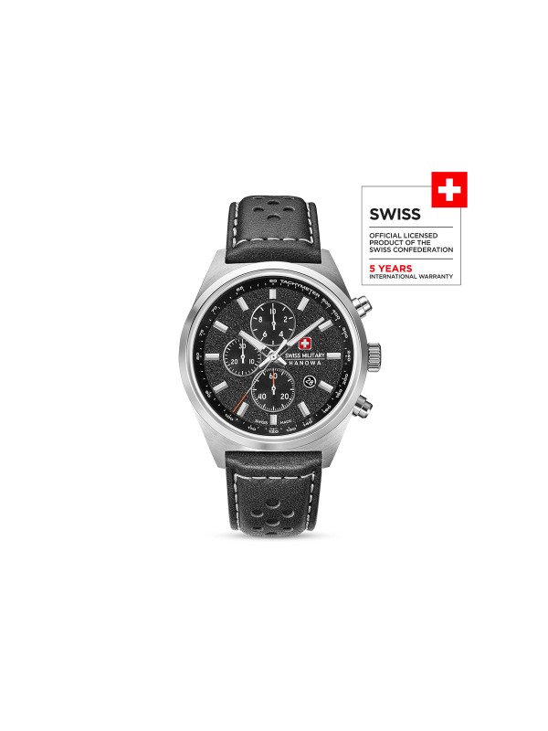 Swiss Military Hanowa STORM pilotski hronograf sa safirnim staklom i crnom kožnom narukvicom. Swiss Made preciznost i vintage dizajn.