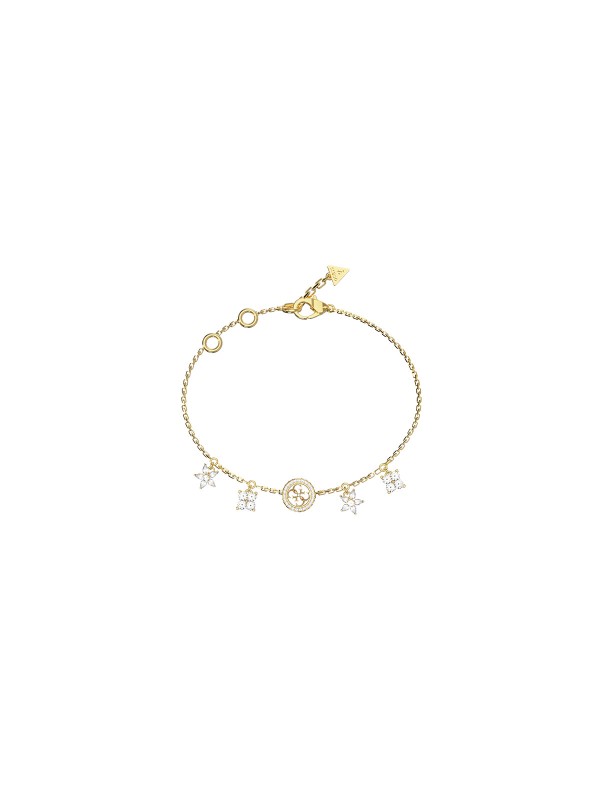 Ženska Guess narukvica u boji žutog zlata sa cvetnim privescima i belim cirkonima. Elegantan i ženstven dizajn. Naruči online!