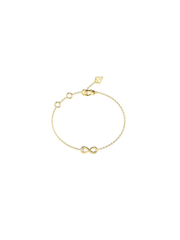 Ženska Guess narukvica u boji žutog zlata sa znakom beskonačnosti i cirkonima. Podesiva dužina i elegantan dizajn. Naruči online!