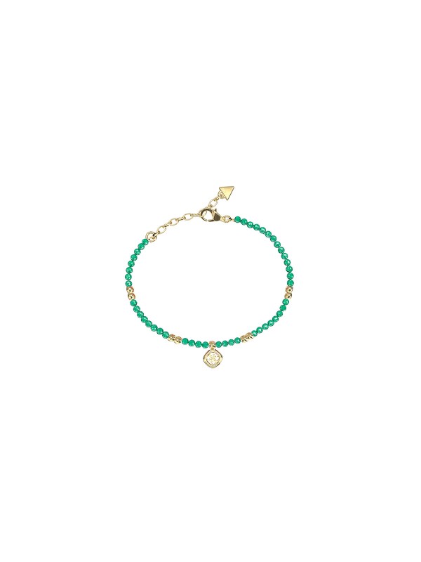 Ženska Guess narukvica u boji žutog zlata sa zelenim cirkonima. Elegantan i upečatljiv dizajn za posebne prilike. Naruči online!
