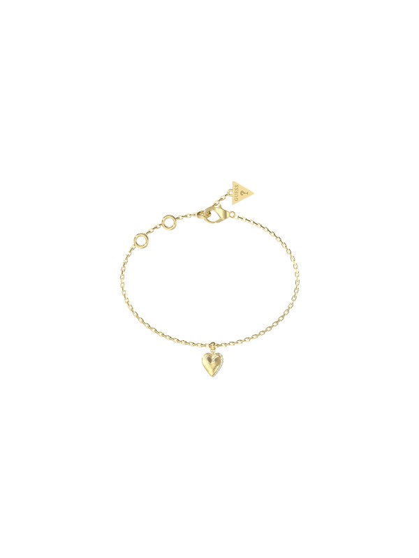 Ženska Guess narukvica u boji žutog zlata sa priveskom u obliku srca i cirkonima. Podesiva dužina i elegantan dizajn. Naruči online!